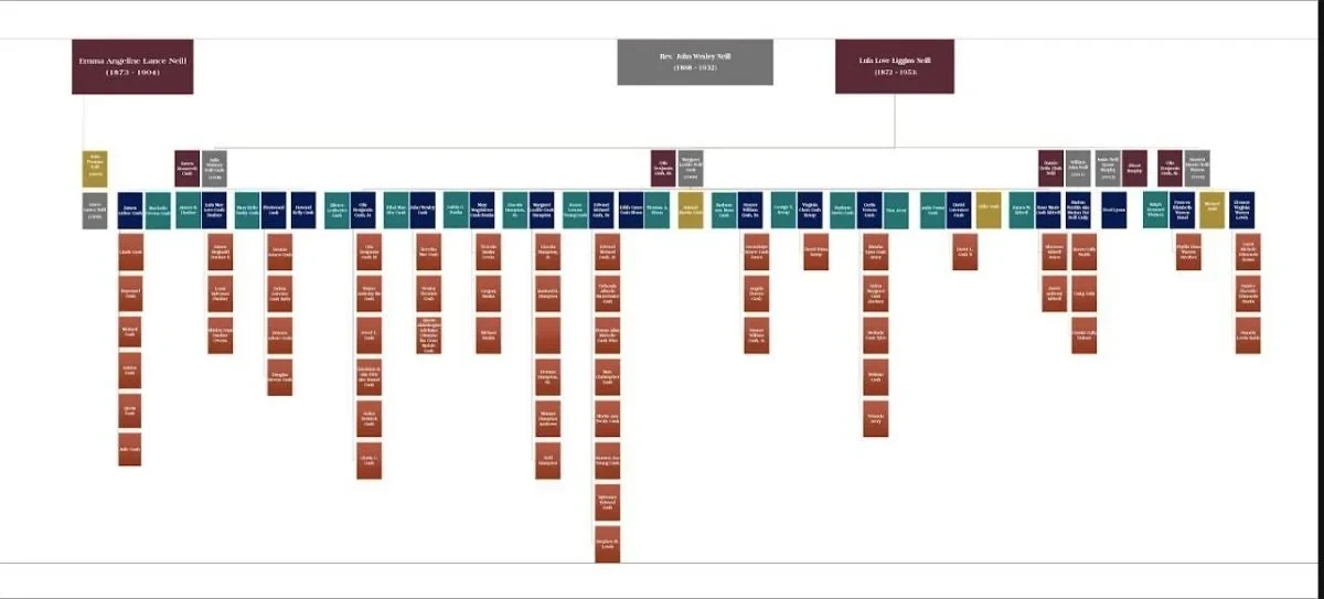The Neill family descendant chart headed by Emma Angeline Lance Neill, Rev. John Wesley Neill and Lula Love Liggins-Neill