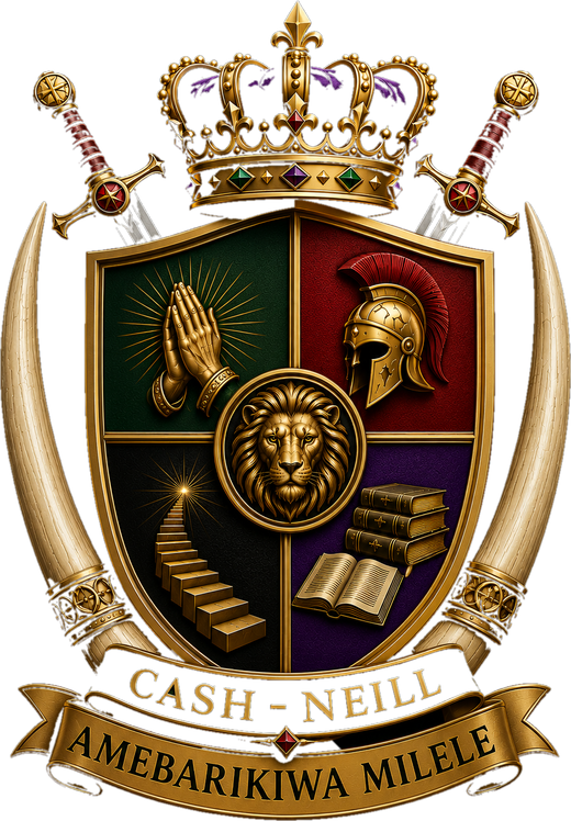 The Cash-Neill family crest: a gold lion shield beneath a crown, flanked by swords and elephant tusks