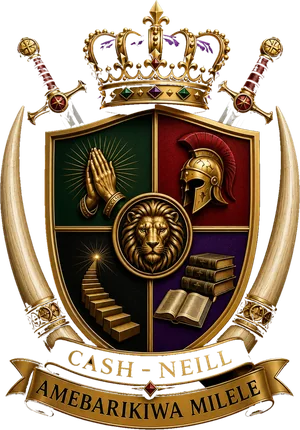 The Cash-Neill family crest: a gold lion shield beneath a crown, flanked by swords and elephant tusks