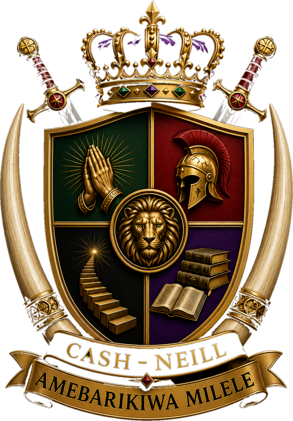 The Cash-Neill family crest: a crowned shield with a gold lion at its center, praising hands, a warrior helmet, golden stairs and books in its quadrants, flanked by crossed swords and elephant tusks