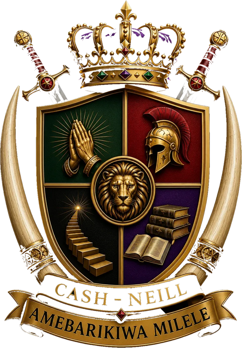 The Cash-Neill family crest: a crowned shield with a gold lion at its center, praising hands, a warrior helmet, golden stairs and books in its quadrants, flanked by crossed swords and elephant tusks
