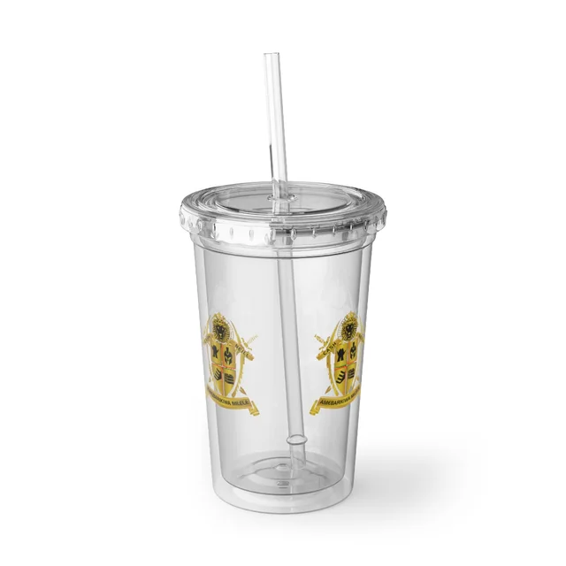 Clear acrylic cup with straw featuring the Cash-Neill family crest