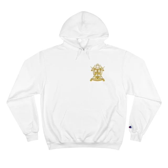 White Champion hoodie with the Cash-Neill family reunion design