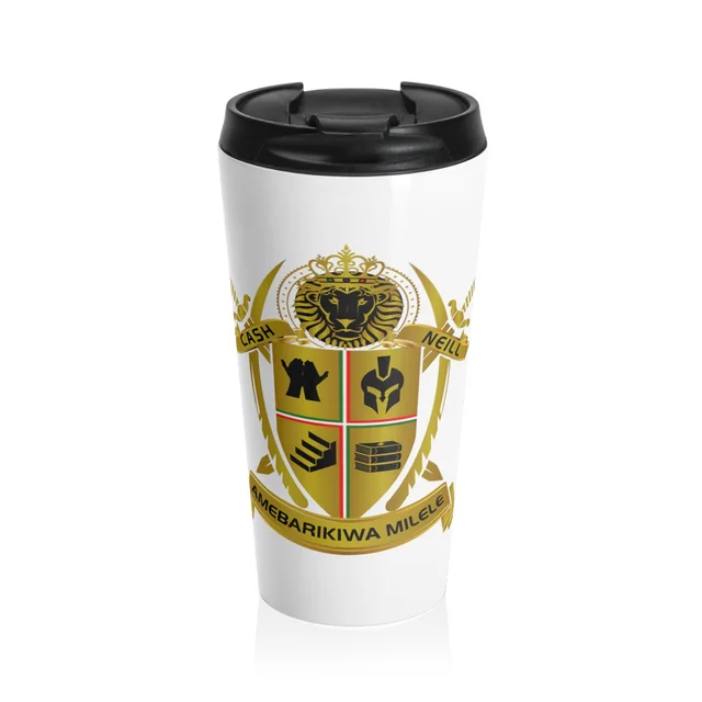 Stainless steel travel mug with the Cash-Neill family crest
