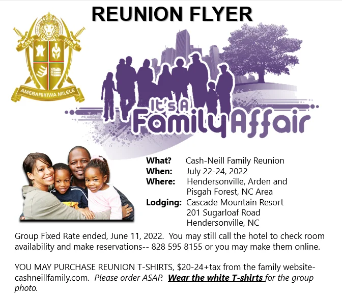 The original 2022 reunion flyer, It's A Family Affair, with dates and lodging details